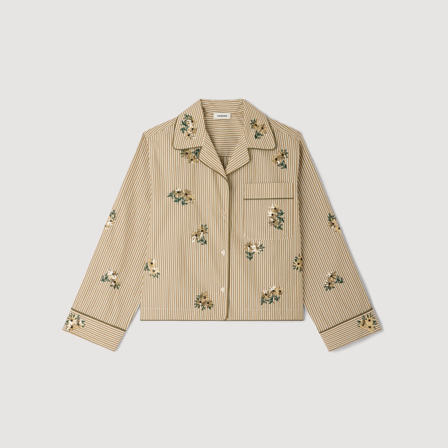 Nilla Striped Shirt, Floral Embroidery Olive Green