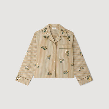 Nilla Striped Shirt, Floral Embroidery Olive Green