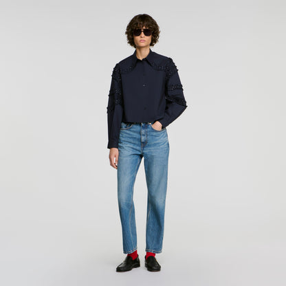 Litchi Gathered rhinestone cotton shirt Navy Blue