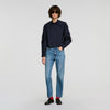 Litchi Gathered rhinestone cotton shirt Navy Blue