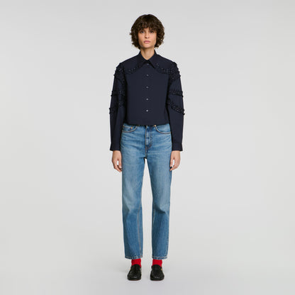 Litchi Gathered rhinestone cotton shirt Navy Blue