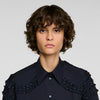 Litchi Gathered rhinestone cotton shirt Navy Blue