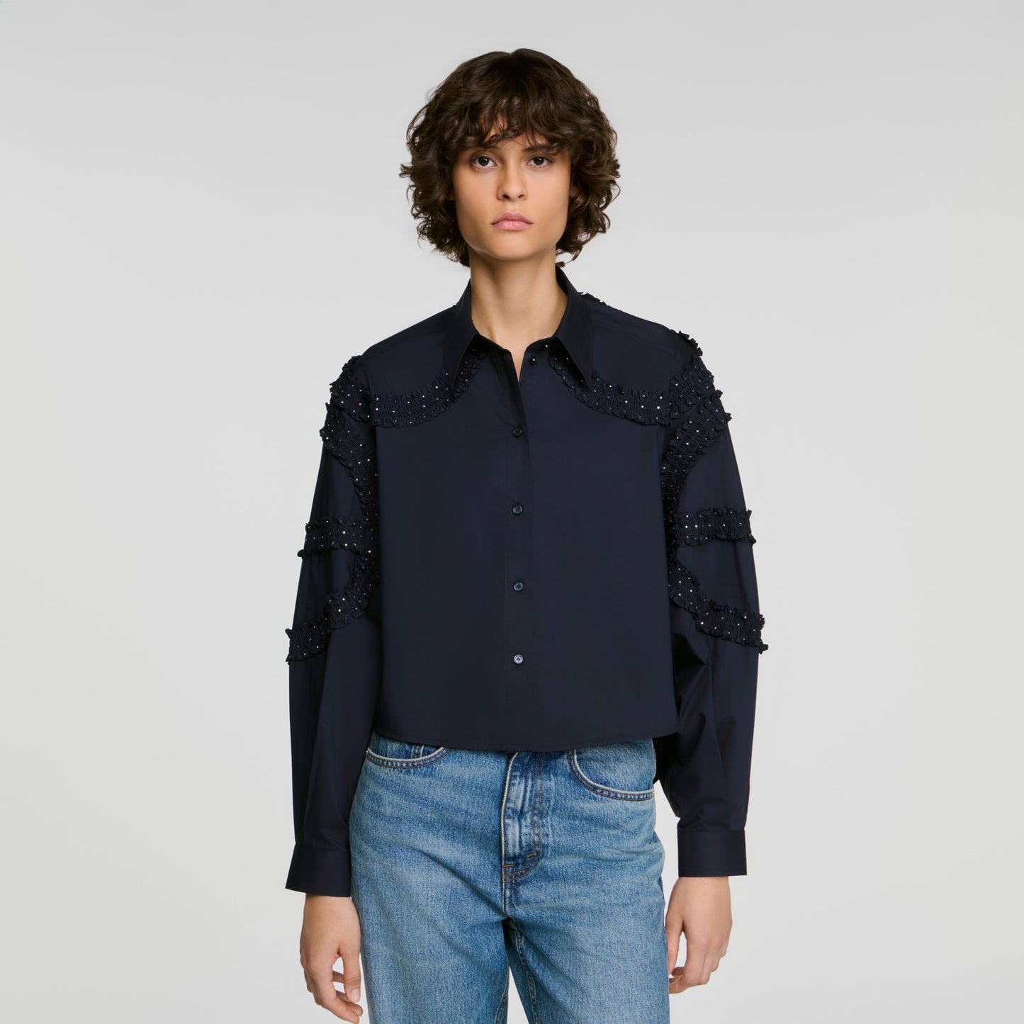 Litchi Gathered rhinestone cotton shirt Navy Blue