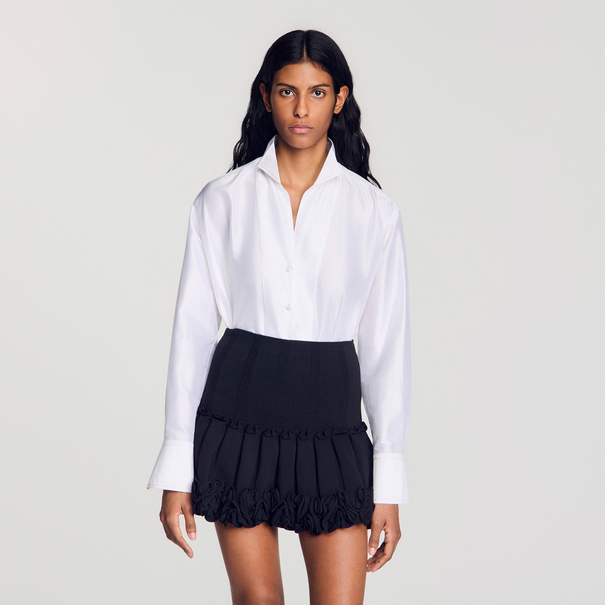 Sandro Paris長袖シャツラグラン切り替えデザインサカイ滝沢adore Portocello Oversized silk satin shirt White