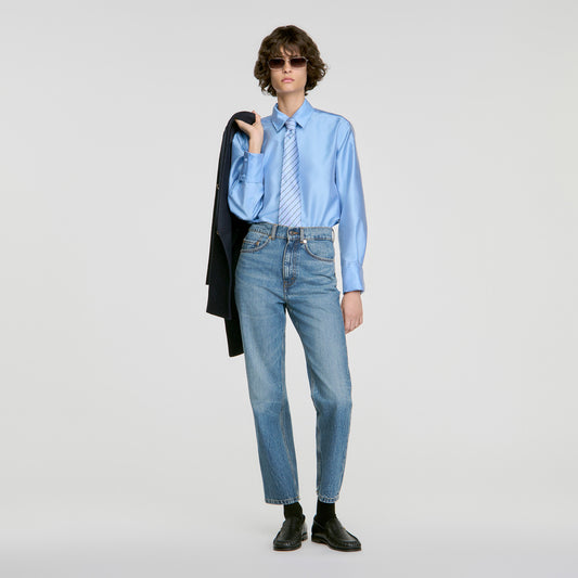 Suzanne Jewellery detail satin shirt Sky Blue