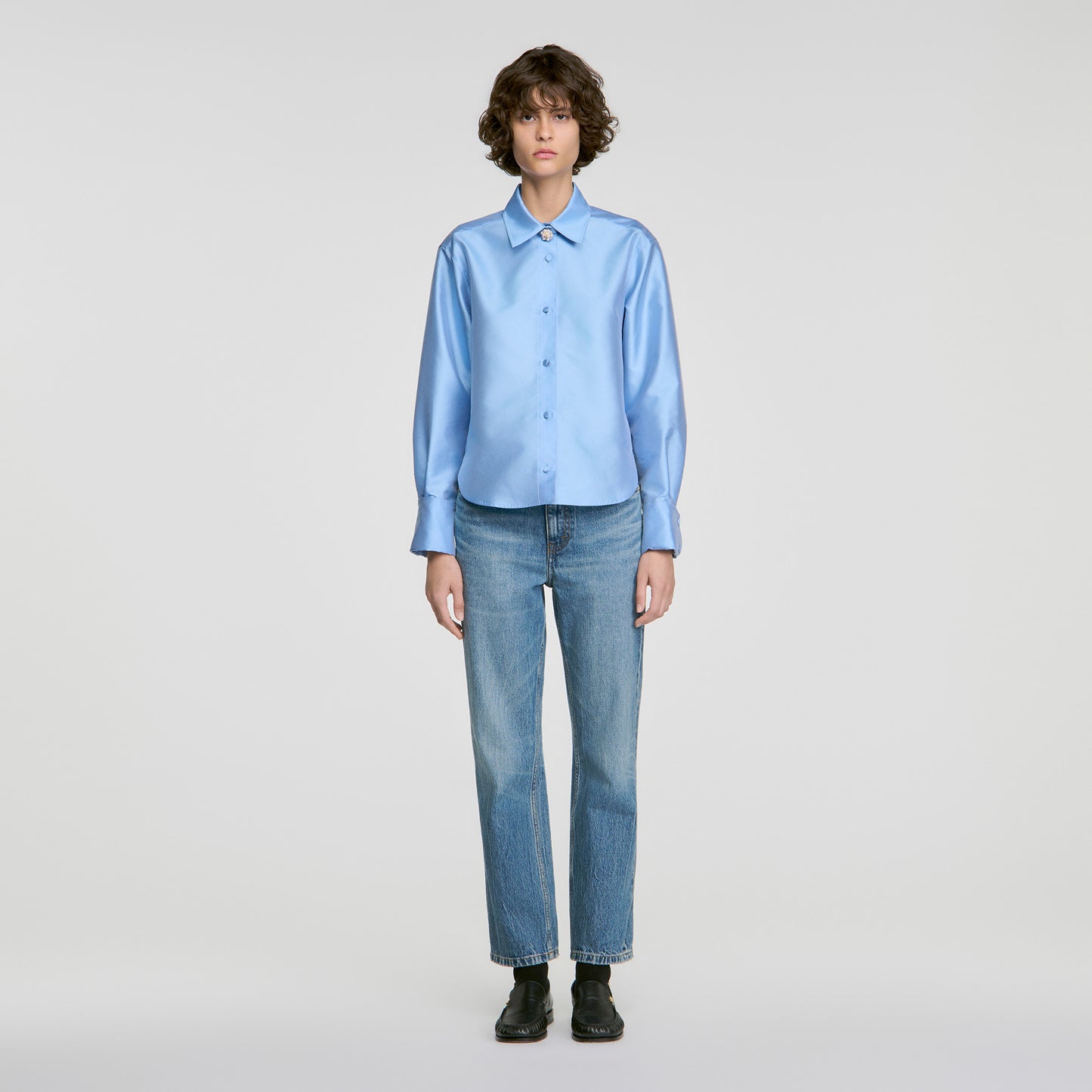 Suzanne Jewellery detail satin shirt Sky Blue