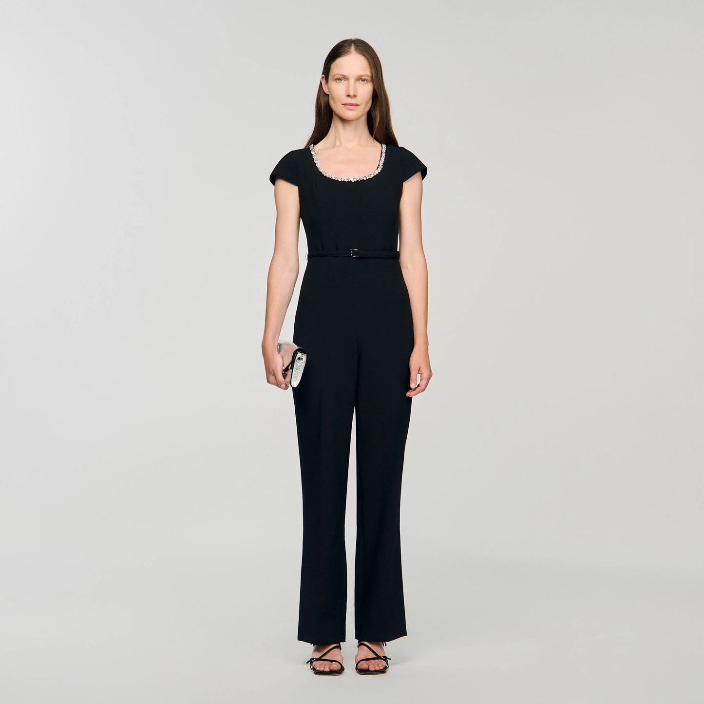 Odelia Jumpsuit With Rhinestone Collar Black
