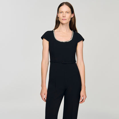 Odelia Jumpsuit With Rhinestone Collar Black
