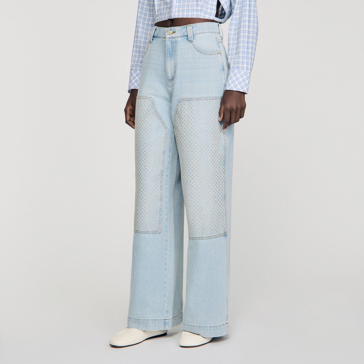 Landon Faded Straight Crystal Patch Jeans Light Blue Jean