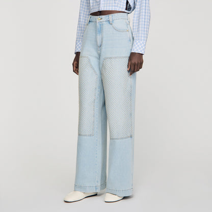 Landon Faded Straight Crystal Patch Jeans Light Blue Jean