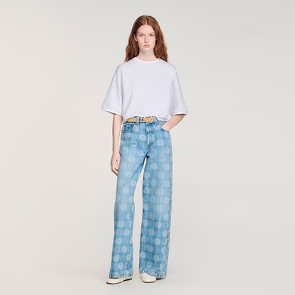Seventies Wide-Leg Floral Print Jeans Blue Jean