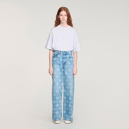 Seventies Wide-Leg Floral Print Jeans Blue Jean