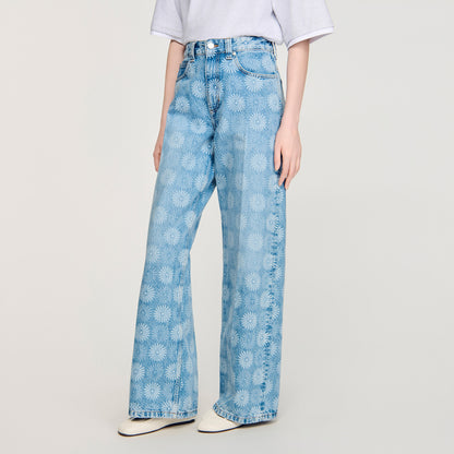 Seventies Wide-Leg Floral Print Jeans Blue Jean