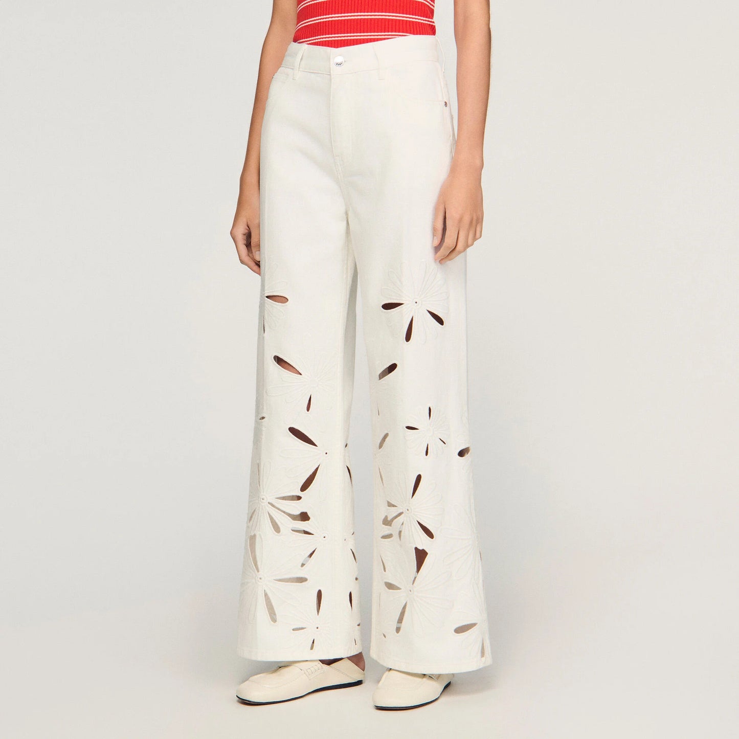 Flo Wide-Leg Embroidered Jeans White