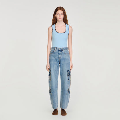 Palm Palm-Embroidered Wide Barrel Jeans Blue Jean