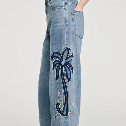 Palm Palm-Embroidered Wide Barrel Jeans Blue Jean