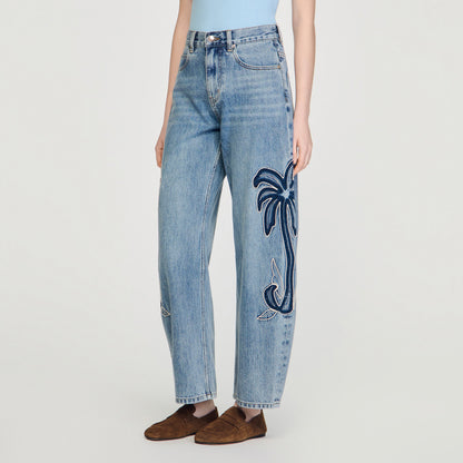 Palm Palm-Embroidered Wide Barrel Jeans Blue Jean