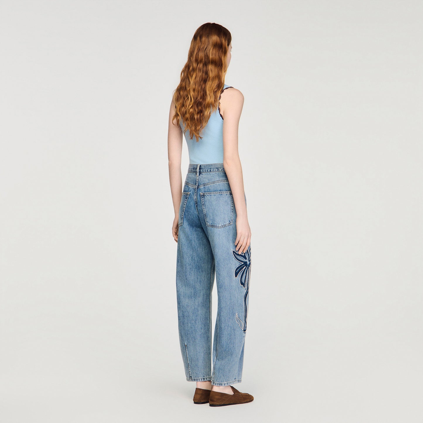 Palm Palm-Embroidered Wide Barrel Jeans Blue Jean