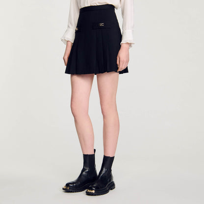 Short Skirt With Stitched Pleats Black