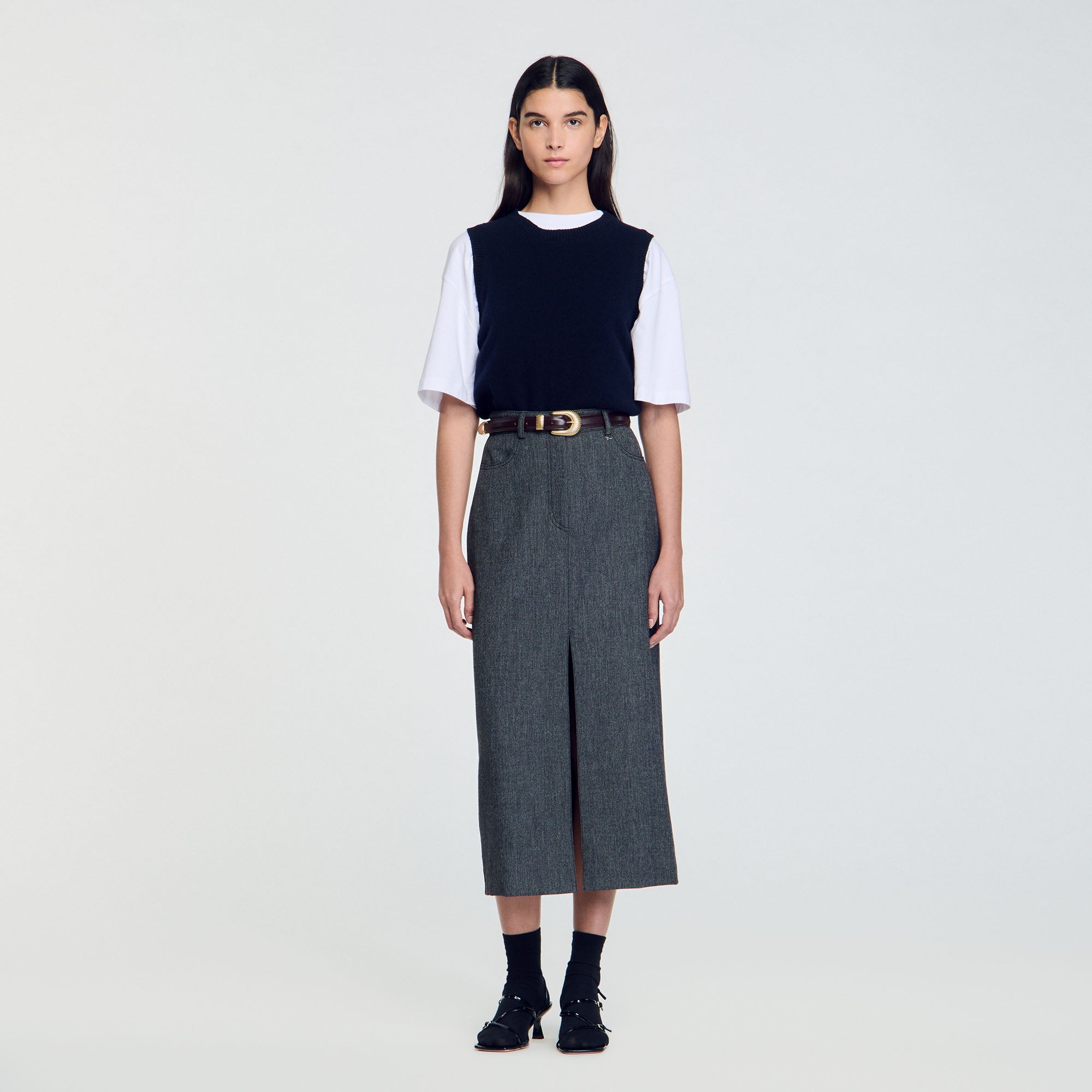 Long Slit Skirt Grey