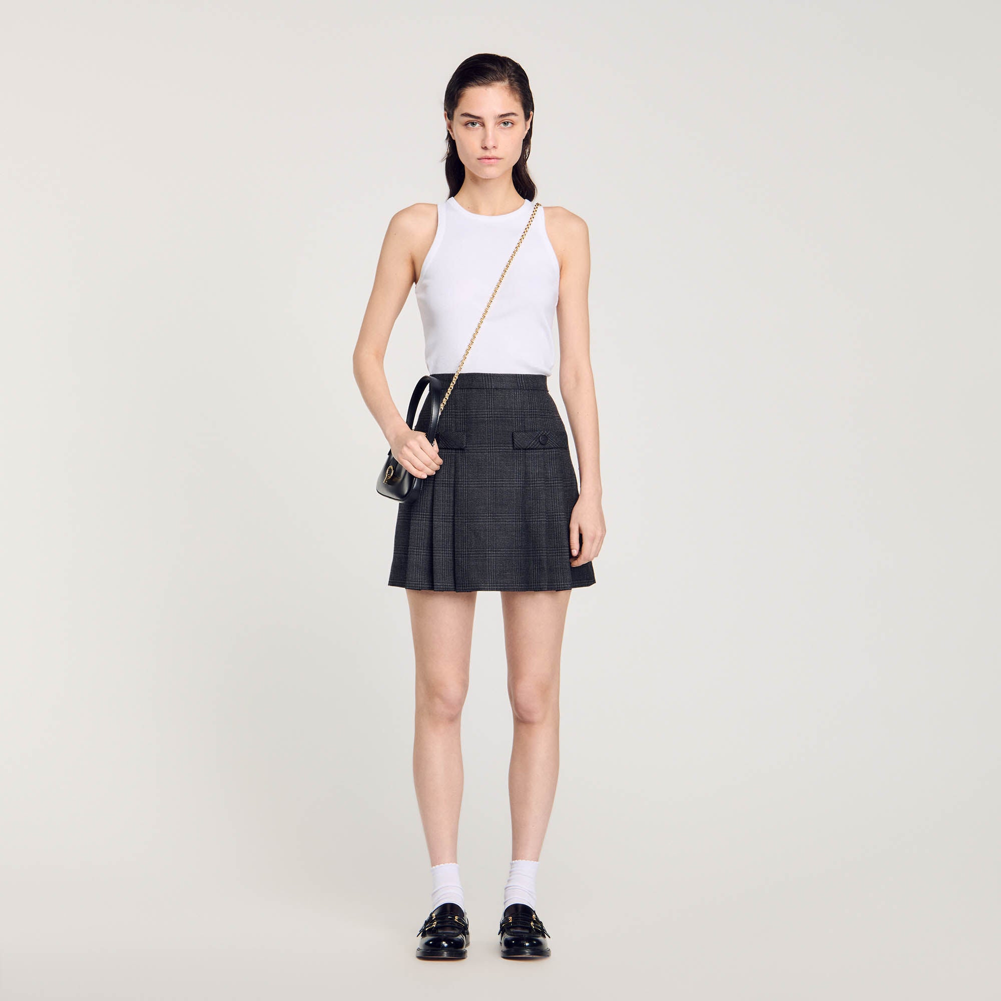 Short Checked Pleated Skirt Dark Grey