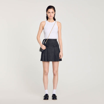 Short Checked Pleated Skirt Dark Grey