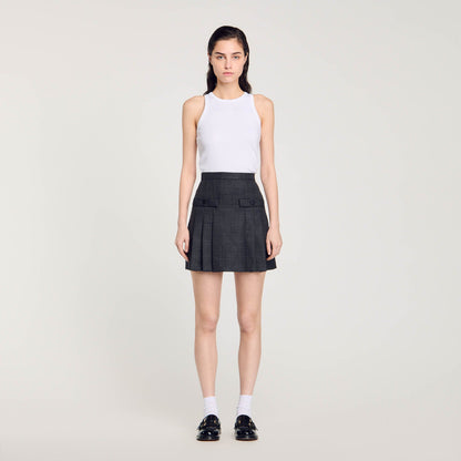 Short Checked Pleated Skirt Dark Grey