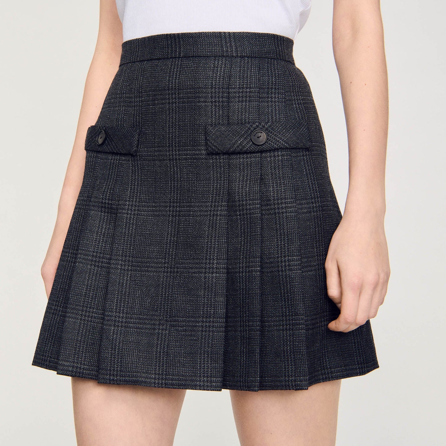 Short Checked Pleated Skirt Dark Grey