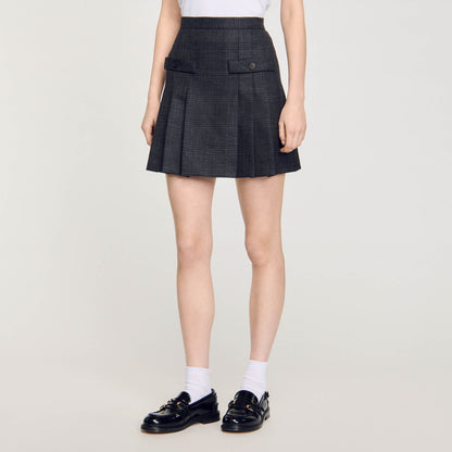 Short Checked Pleated Skirt Dark Grey