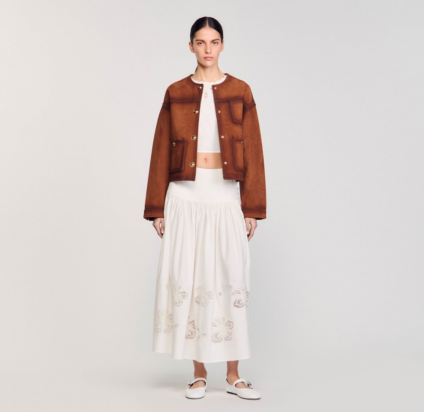 Floral Embroidery Skirt Ecru