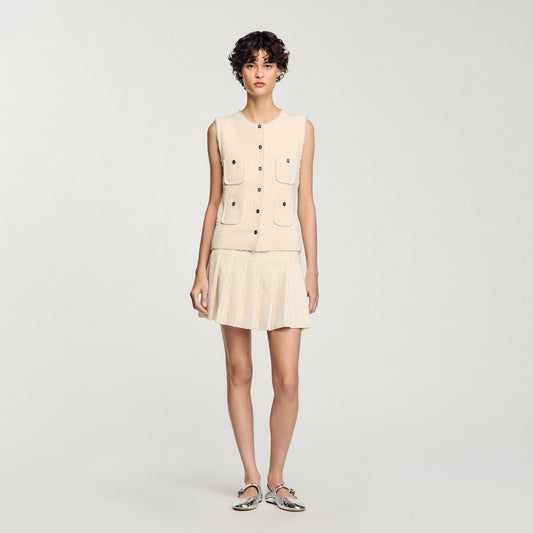 Henriette Short Tweed Pleated Skirt Ecru