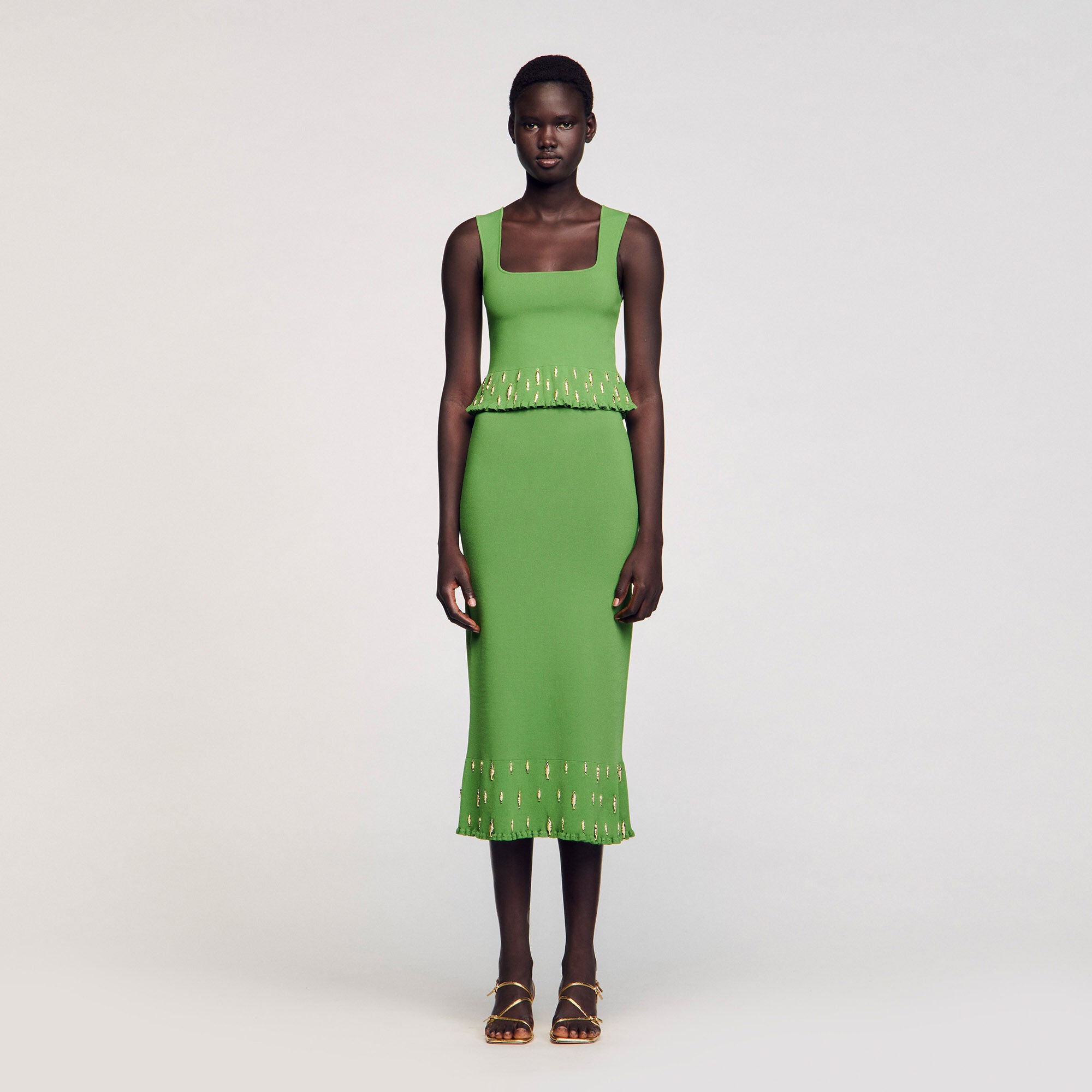 Sautille Long Knit Skirt With Charms Green