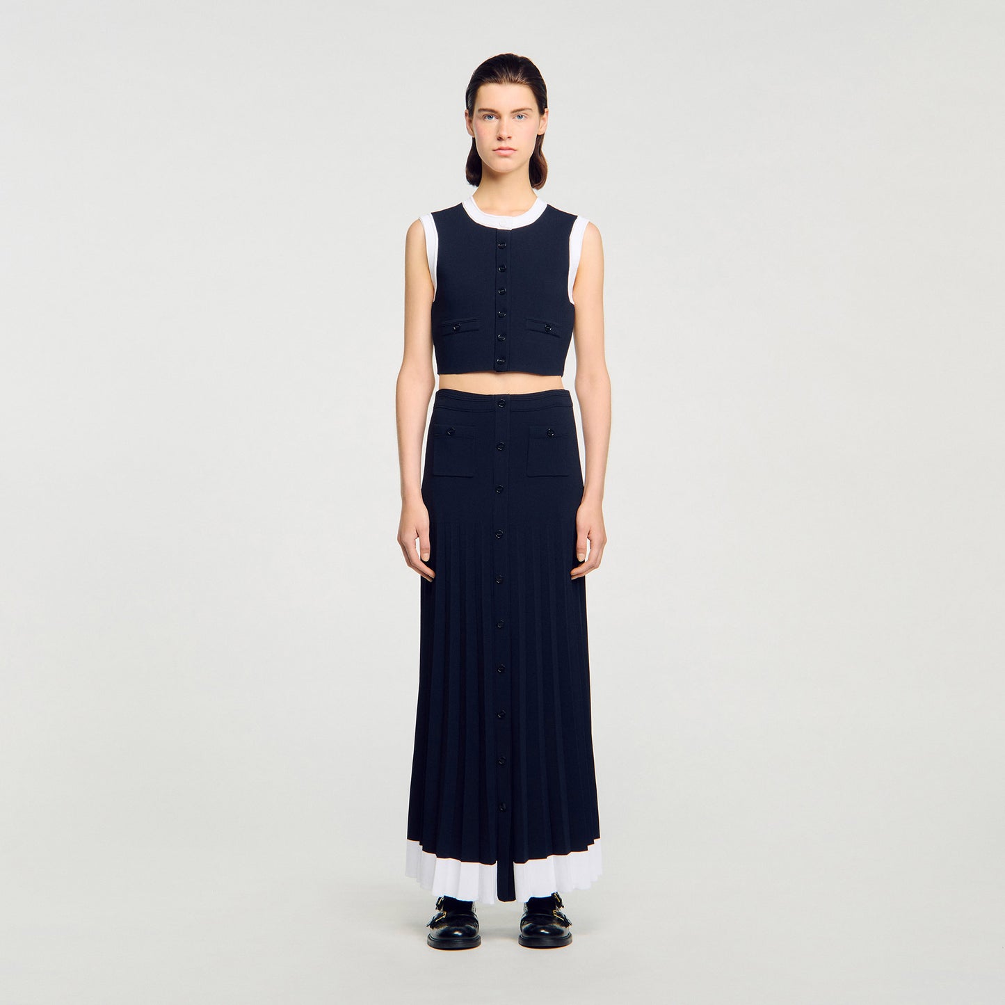 Oceane Long Two-Tone Knit Skirt Navy Blue