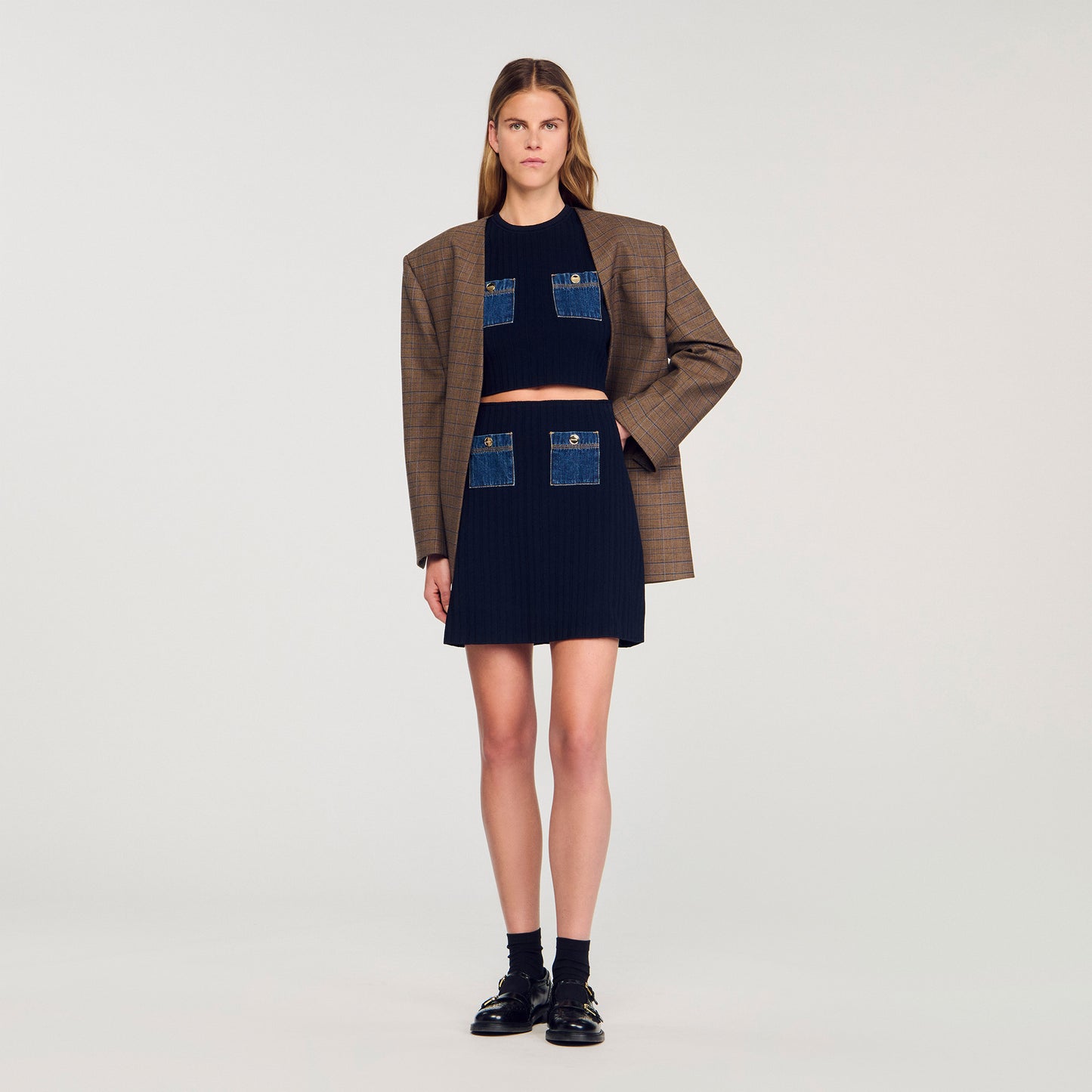 Isolda Short Knit And Denim Skirt Navy Blue