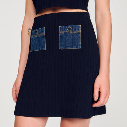 Isolda Short Knit And Denim Skirt Navy Blue