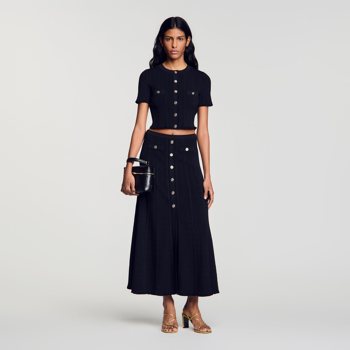 Venice Pointelle Knit Maxi Skirt Black