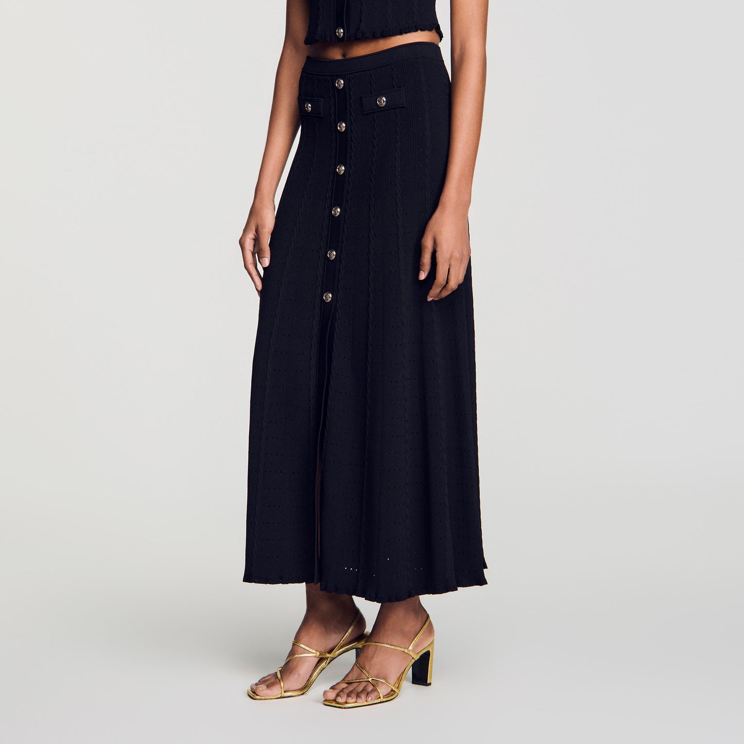 Venice Pointelle Knit Maxi Skirt Black