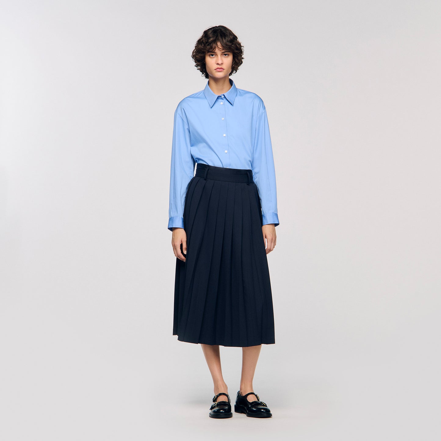 Theana Long Pleated Skirt Navy Blue