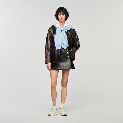 Camilla Short Aged Leather Skirt Brown