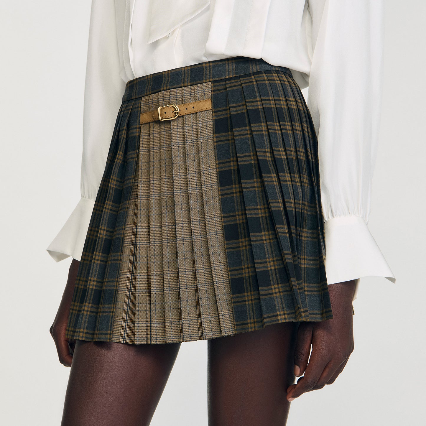 Oliviana Short Checked Pleated Skirt Ocher / Blue