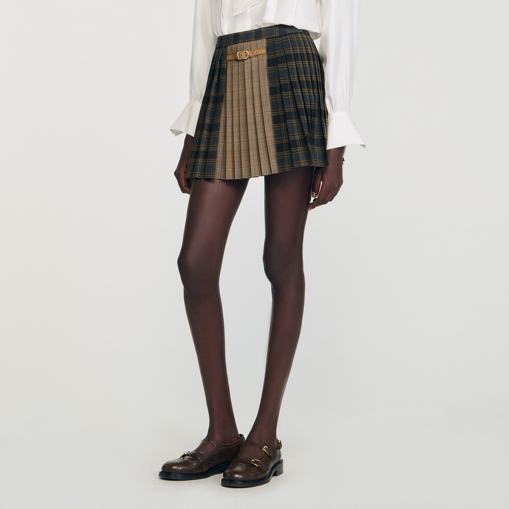 Oliviana Short Checked Pleated Skirt Ocher / Blue