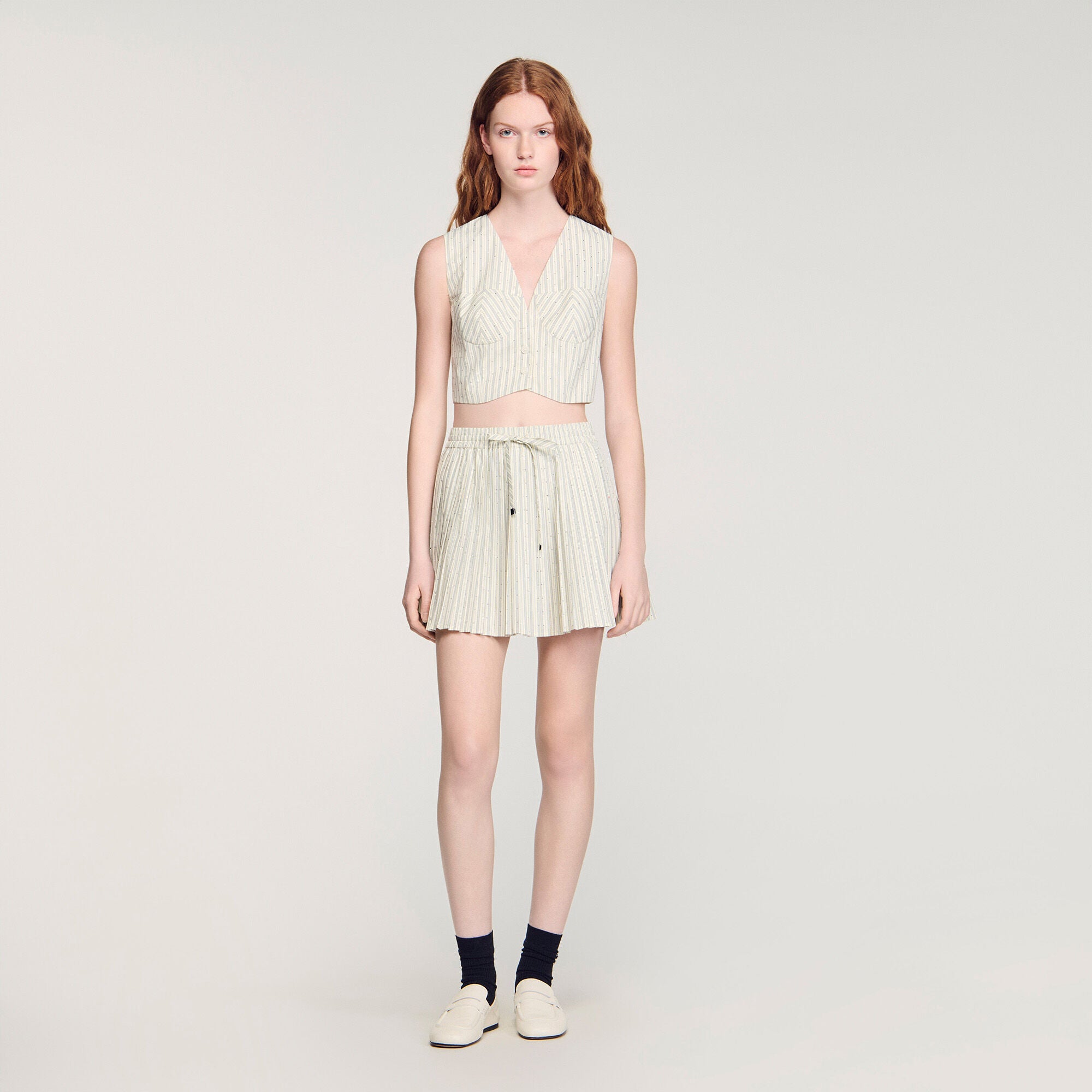 Capucine Short Rhinestone Striped Skirt Ecru