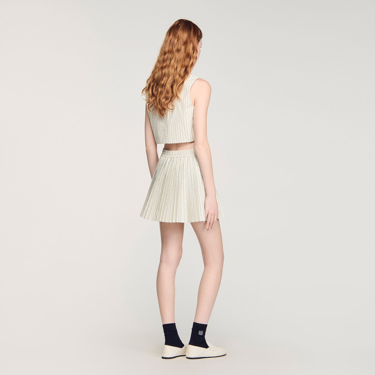 Capucine Short Rhinestone Striped Skirt Ecru