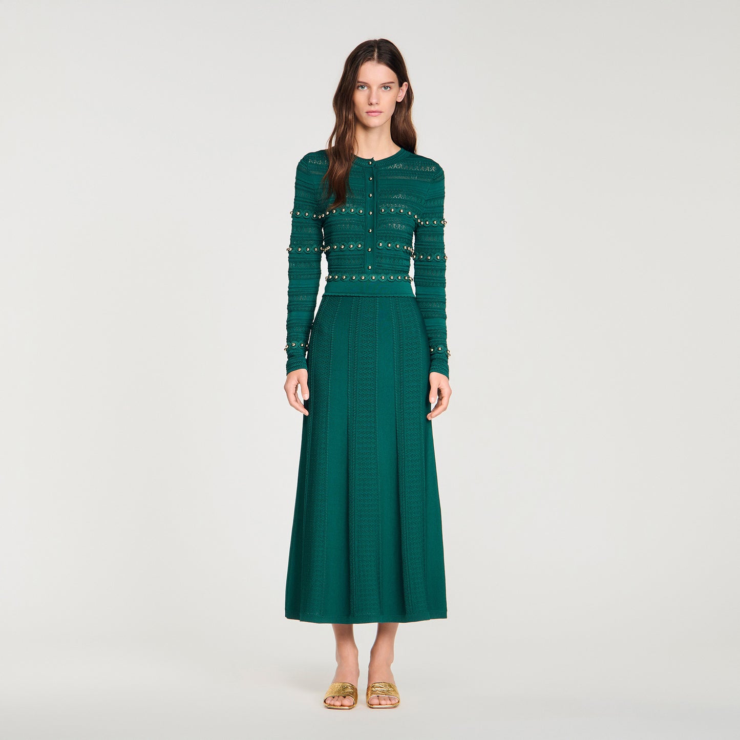 Vanea Beaded Textured Knit Skirt Dark Green