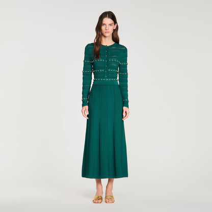 Vanea Beaded Textured Knit Skirt Dark Green