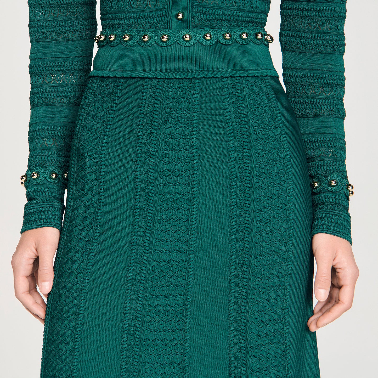 Vanea Beaded Textured Knit Skirt Dark Green