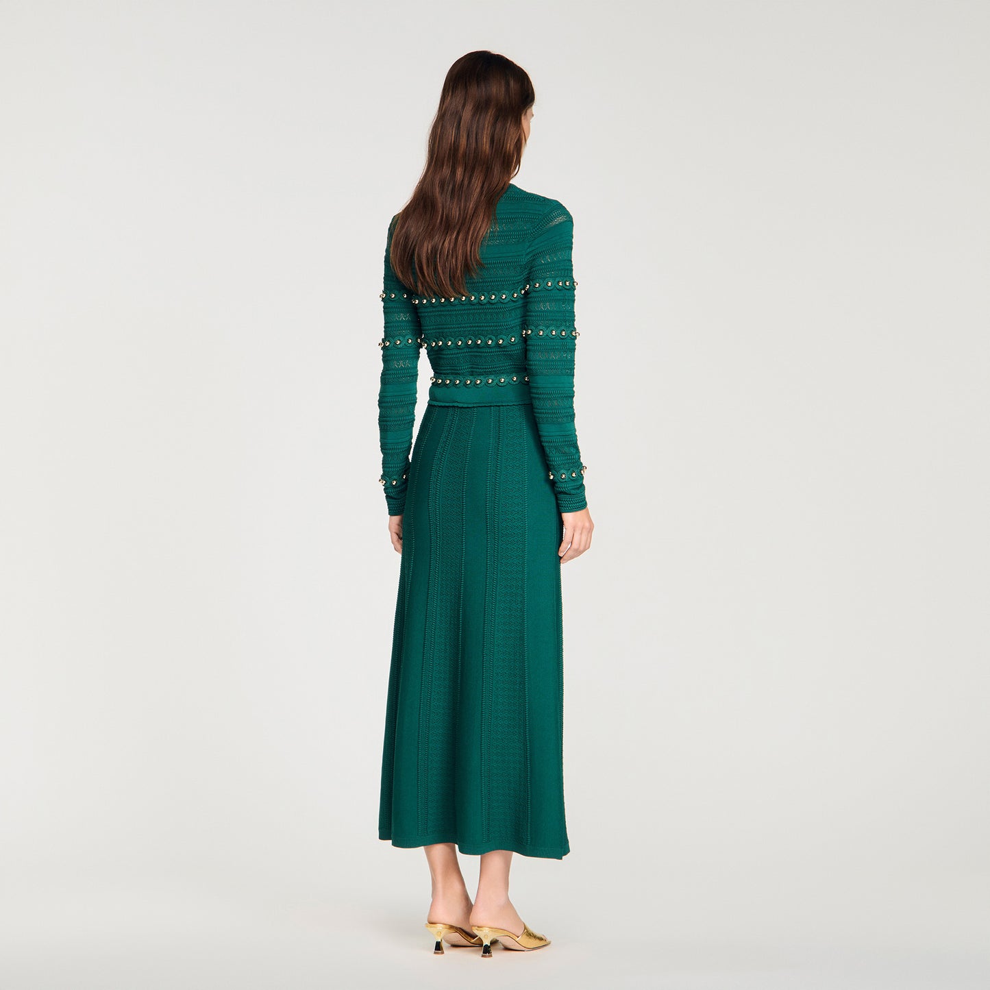 Vanea Beaded Textured Knit Skirt Dark Green