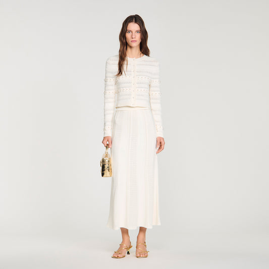 Vanea Beaded Textured Knit Skirt Cream
