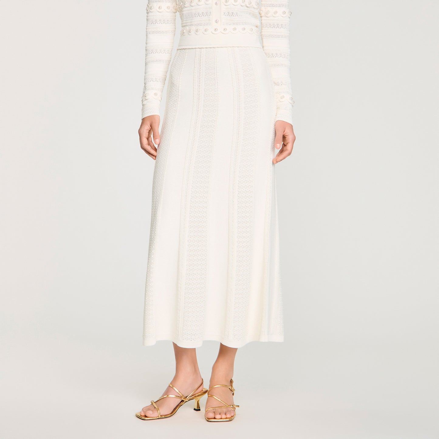 Vanea Beaded Textured Knit Skirt Cream