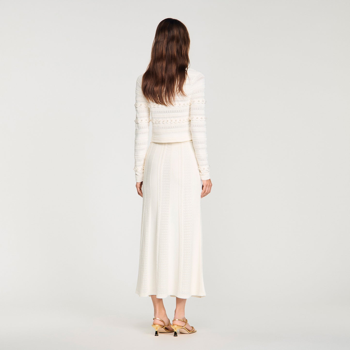 Vanea Beaded Textured Knit Skirt Cream